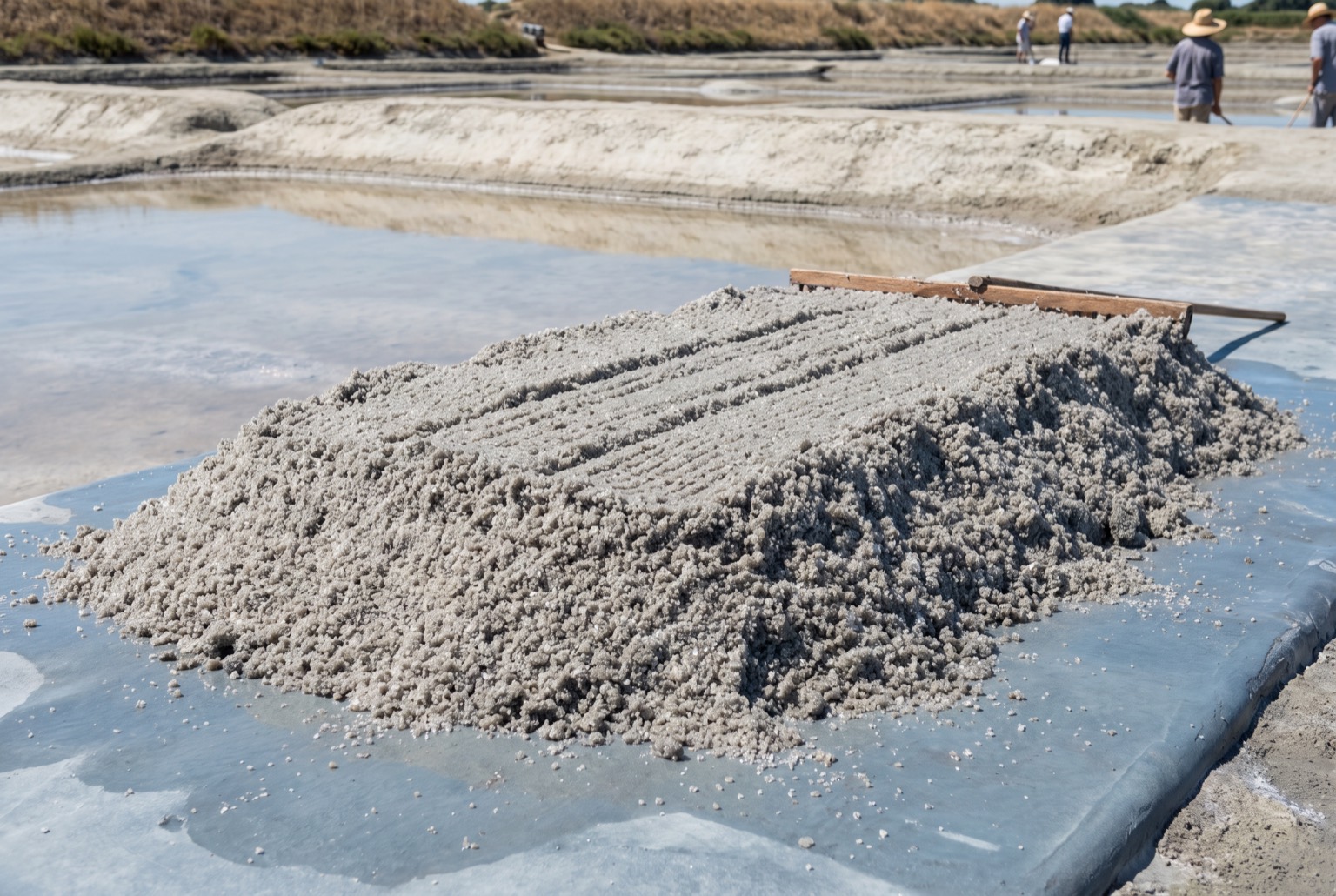 A heap of wet coarse grey salt on the clay ladure, rake furrows drawn through it, crystals catching the sun.