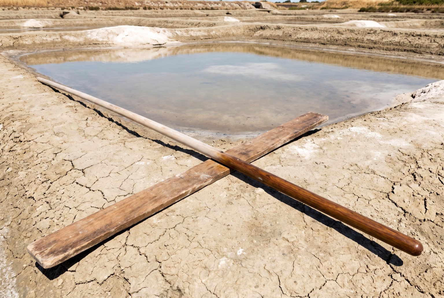 A long ash-shafted wooden rake with a flat board head, resting across the clay edge of a salt pan, worn smooth by use.