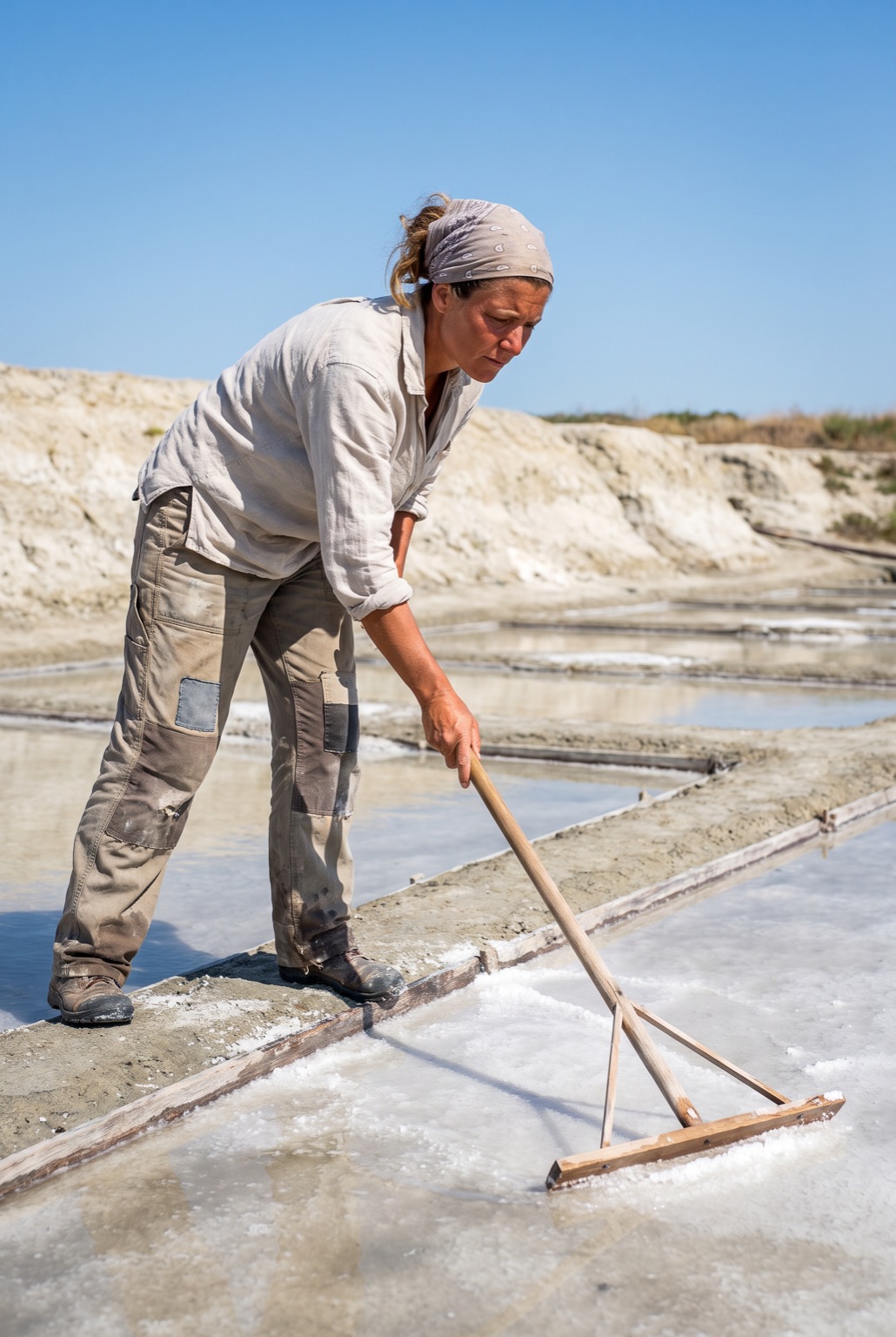 A woman bent over the edge of a pan, drawing a fine white crust of salt from the water surface with a long wooden skimmer.