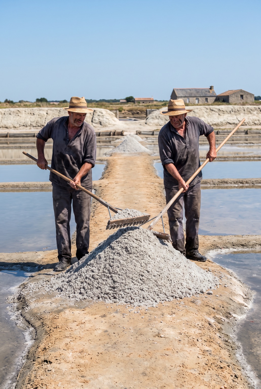 Two salt workers on a clay walkway heaping coarse grey salt into a tall cone with long wooden rakes, caught mid-lift.