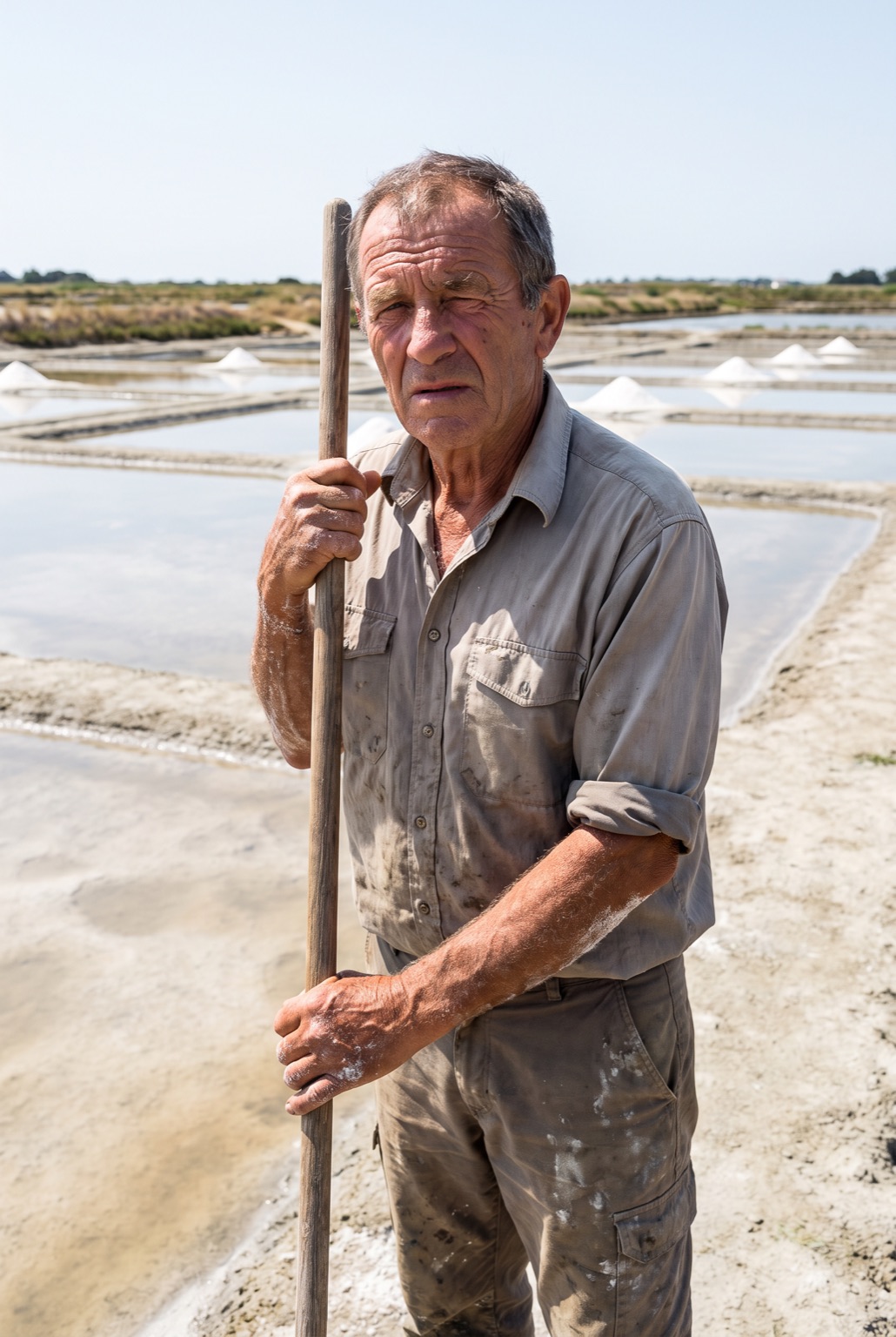A weathered man in his sixties on the clay bank at the end of a shift, squinting against the sun, dried salt on his forearms.