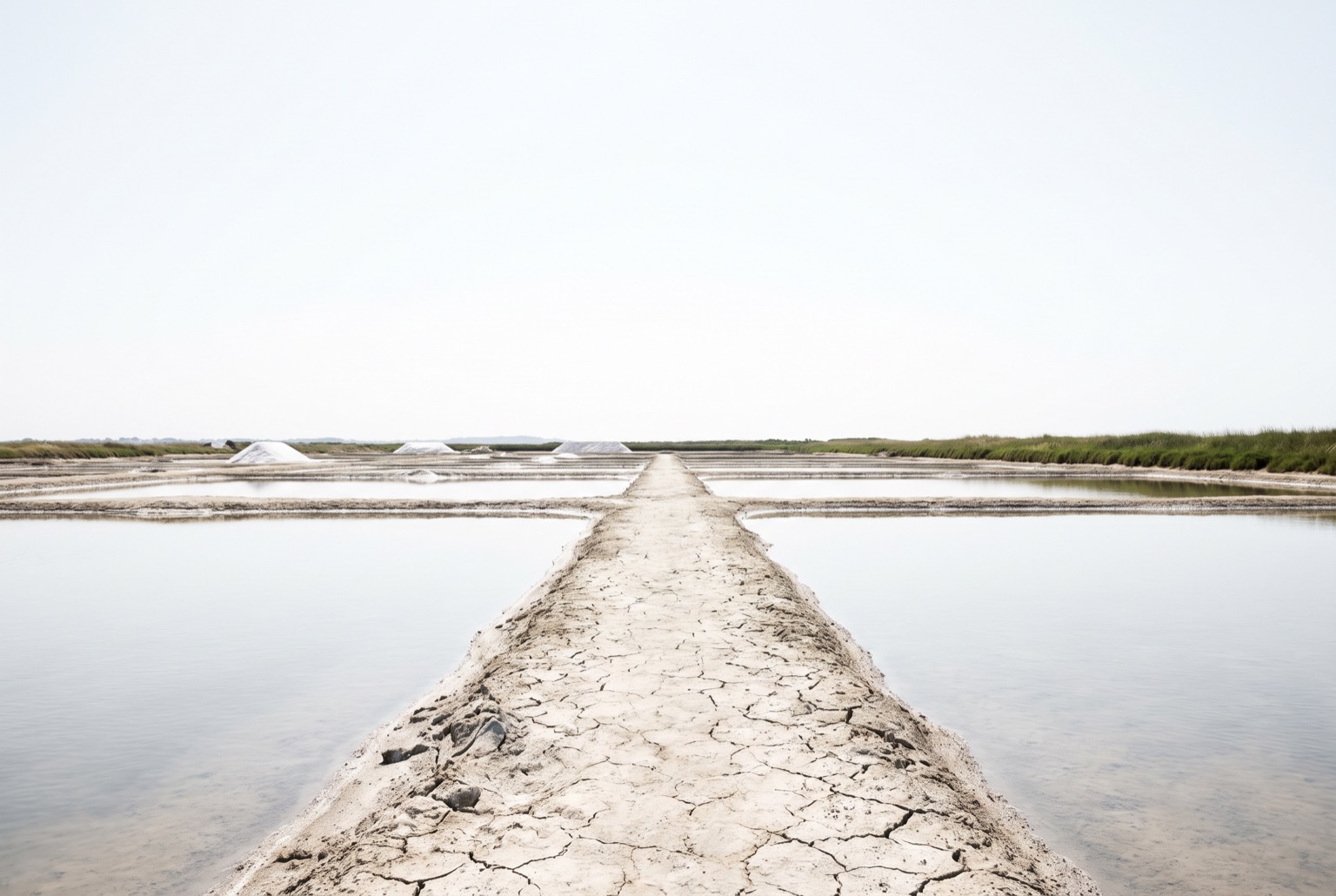 A narrow clay walkway running to a flat horizon between full pans, water reflecting an empty bright sky on both sides.